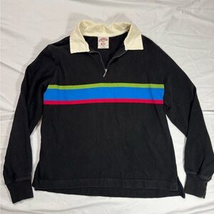 Y2K Copper Key Black Zip-Front Sweater with Blue, Green & Red Stripes